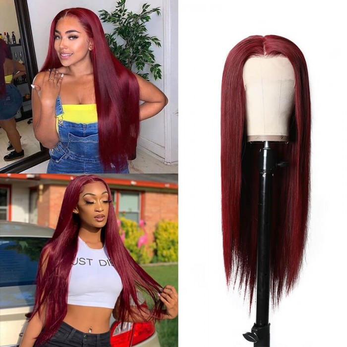 Incolorwig Straight Human Hair 13*6 Lace Frontal Wig 150% Density #99J Red Hair Wig