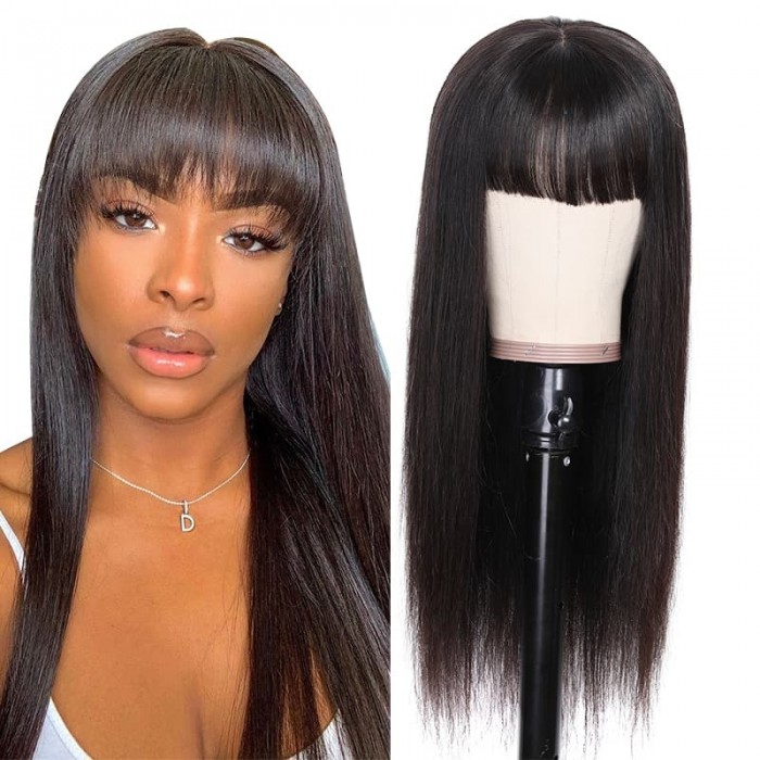 Incolorwig 13x4 Transparent Lace Wig With Bangs Straight Human Hair Wigs 150% Density