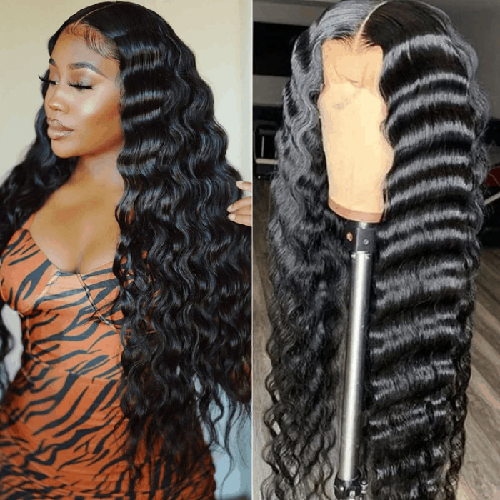 Incolorwig Natural Black Deep Wave 13*4 Lace Front Human Hair Wig Pre Plucked With Baby Hair