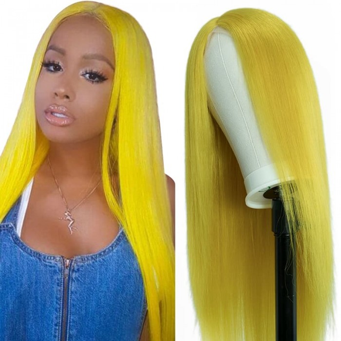 Incolorwig Pure Color Yellow Wigs 150% Density Straight Hair Wigs Hairline Middle Lace Part Wig