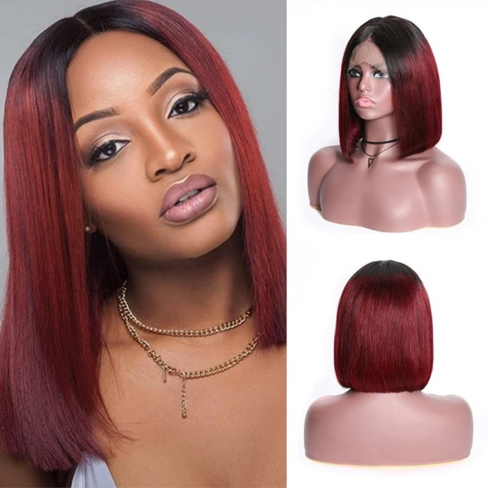 Incolorwig T1B99J Bob Straight Human Hair Wig 13x4 Red Blunt Cut Bob Wigs With Baby Hair 150% Density