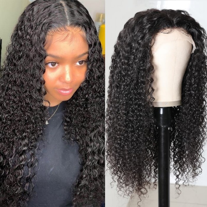 Incolorwig Middle Part Jerry Curly Wig Natural Black 13*5*0.5 T Part Wig 150% Density 13x4 Lace Front Human Hair Wigs