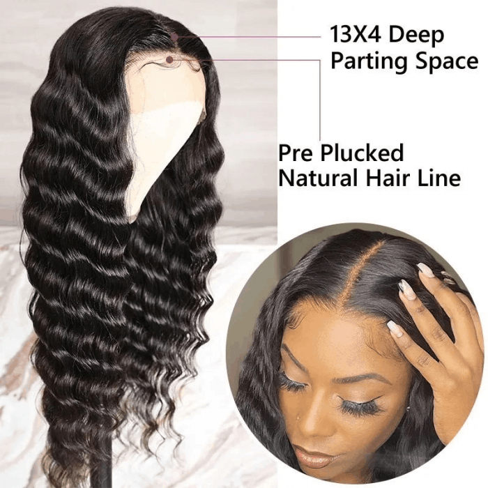 Incolorwig Natural Black Deep Wave 13*4 Lace Front Human Hair Wig Pre Plucked With Baby Hair