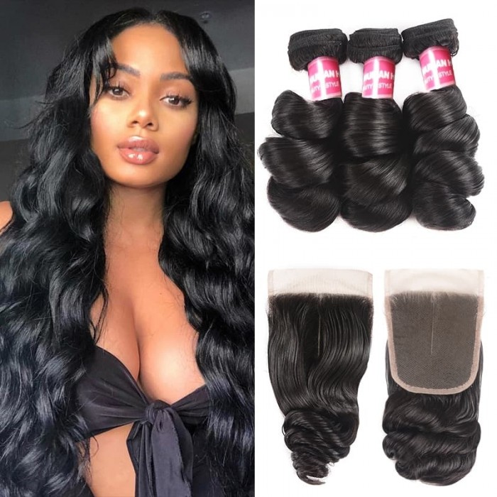 Incolorwig Loose Wave 3 Bundles With 4x4 Lace Closure Human Hair Natural Color