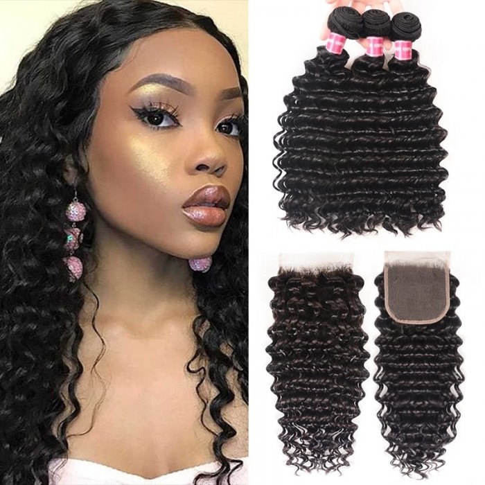 Incolorwig Deep Wave Virgin Hair Weave 3 Bundles With Lace Closure Natural Color Best Human Hair