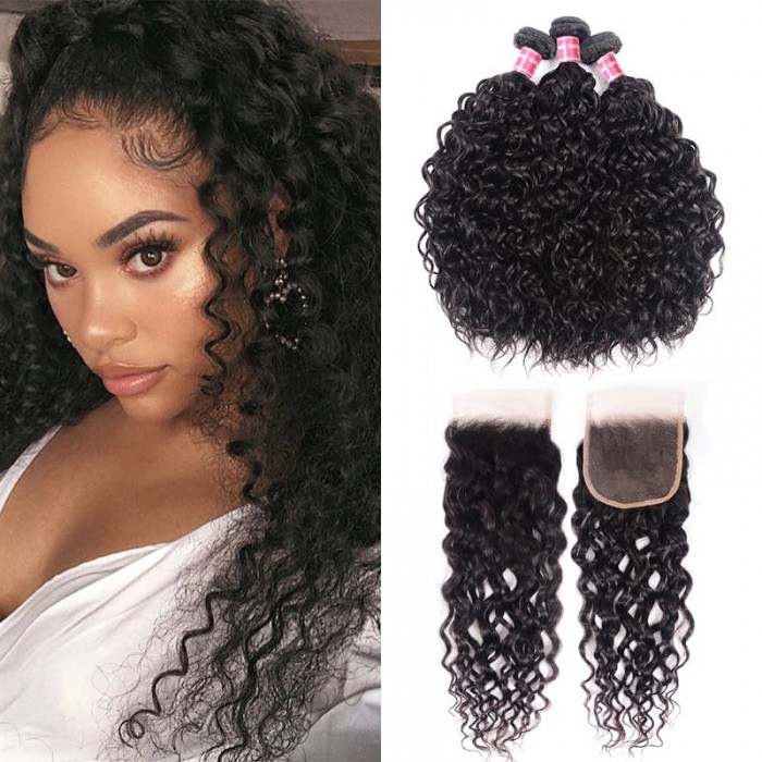 Incolorwig Brazilian Water Wave Virgin Hair Weave 3 Bundles With Lace Closure 100% Virgin Human Hair