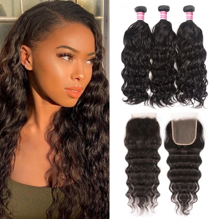 Incolorwig Natural Wave Virgin Hair Bundles 3 Bundles With Closure 100% Unprocessed Human Hair