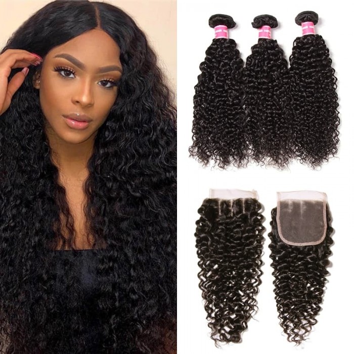 Incolorwig Jerry Curly Virgin Hair 3 Bundles With Pre-plucked 4*4 Lace Closure Human Hair