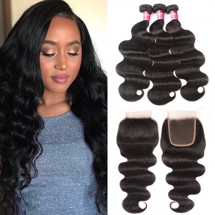 Incolorwig Body Wave Virgin Hair Weave 3 Bundles With Lace Closure 100% Virgin Human Hair
