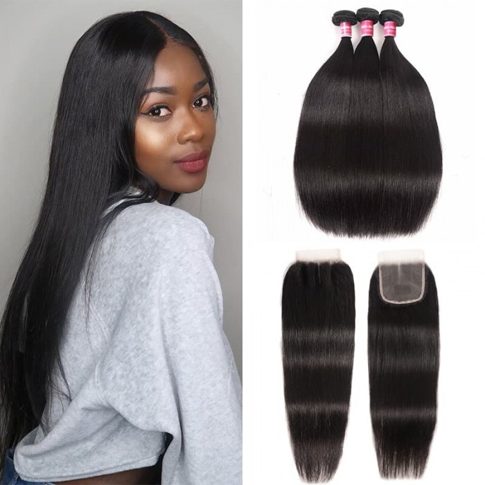  Incolorwig Brazilian Straight Hair 3 Bundles With Lace Closure 4*4 Free Part Virgin Human Hair