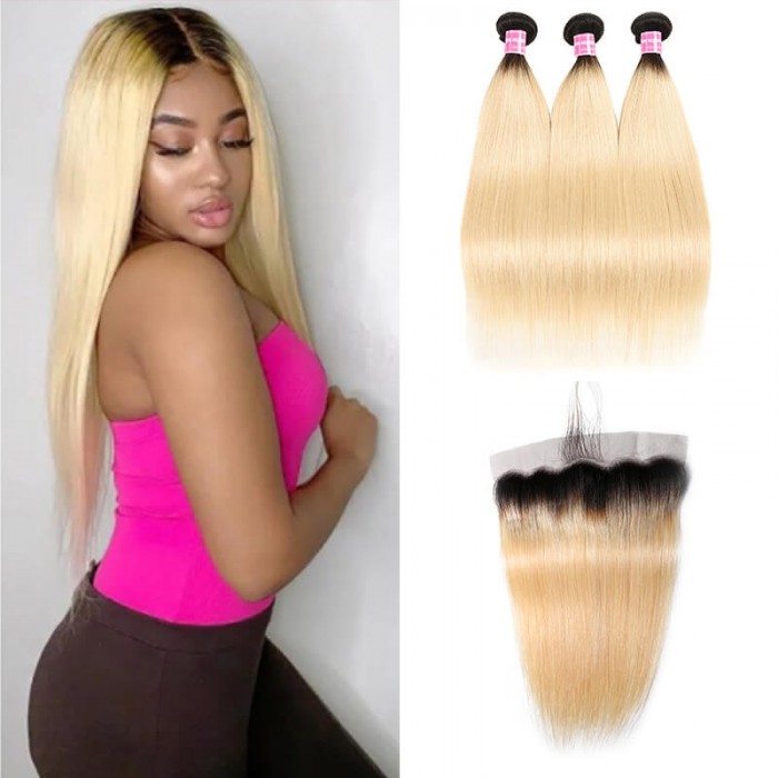 Incolorwig Indian Human Hair T1B613 Ombre Straight Indian 3 Bundles Deals With 13*4 Free Part Lace Frontal