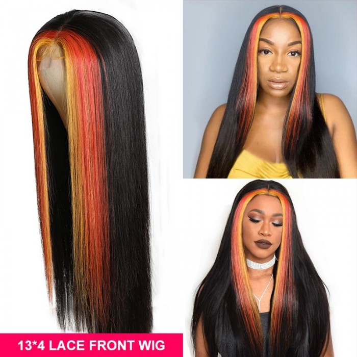 Incolorwig Highlight 13*4 Lace Frontal Wig 150% Density Natural Black Mixed Orange And Yellow Straight Wig