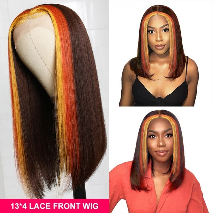 Incolorwig 150% Density Human Hair 13x4 Lace Front Highlight Wig #4 Mixed Orange And Yellow Colored Wig