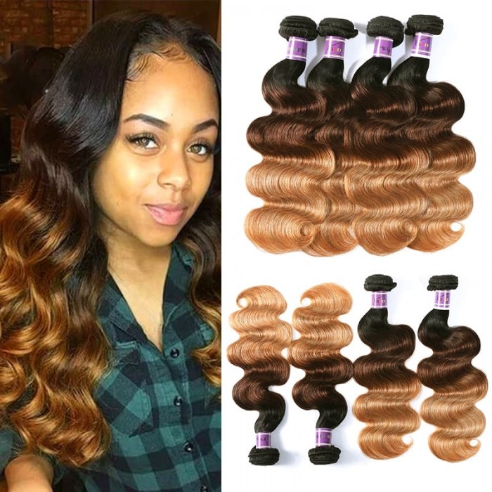 Incolorwig 100% Brazilian Human Hair 4 Bundles Deals #T1B427 Ombre Color Body Wave Human Hair Weave 