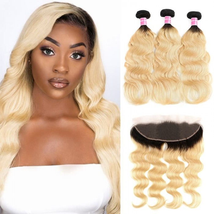 Incolorwig Indian Human Virgin Hair 3 Bundles With 13*4 Free Part Lace Frontal #T1B613 Body Wave Hair Combination