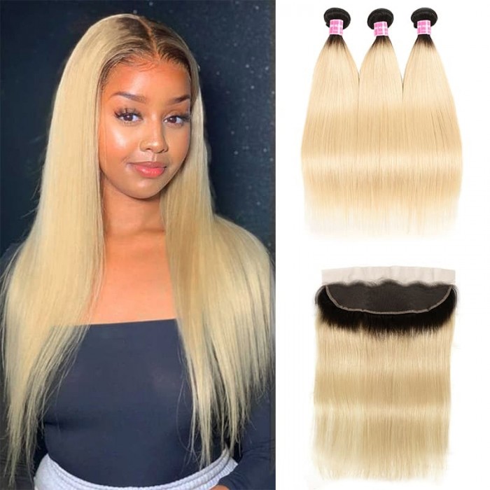 Incolorwig New #T1B613 Ombre Blonde Straight Brazilian 3 Bundles Hair With 13*4 Free Part Lace Frontal