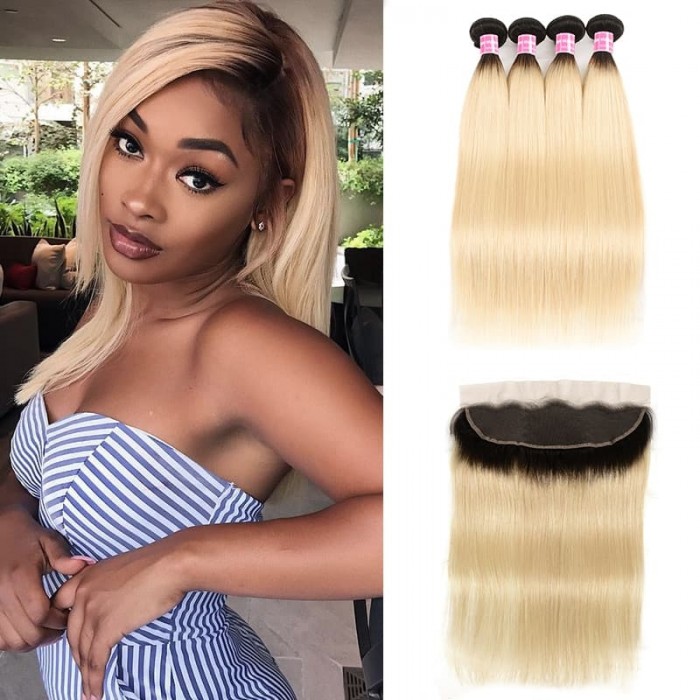 Incolorwig #T1B613 Ombre Color Staight Indian 4 Bundles Hair With 13*4 Free Part Lace Frontal