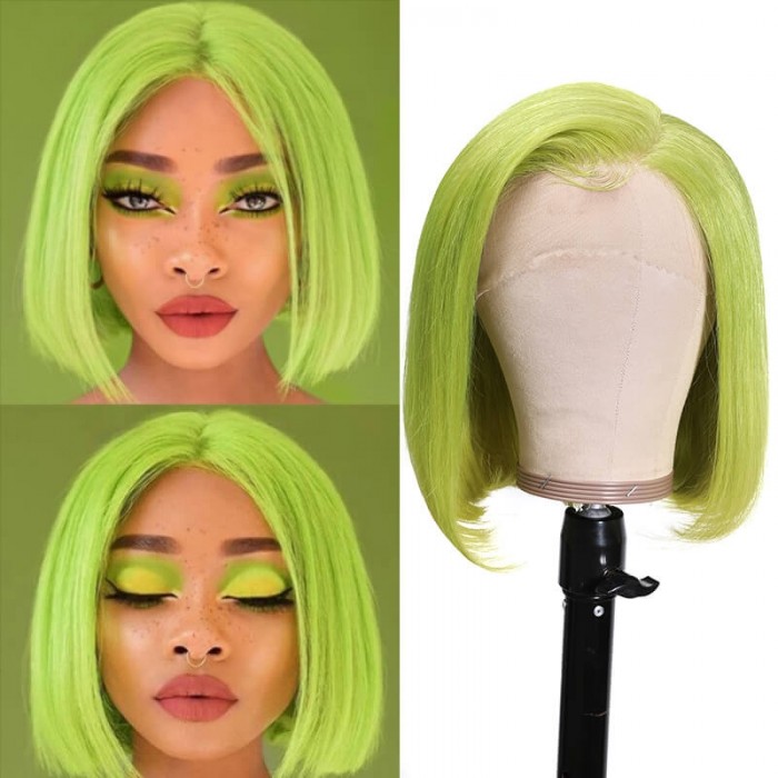 Incolorwig Green Wig Short Bob 13x4 Lace Front Wigs Remy Human Hair 150% Density Hot Wigs