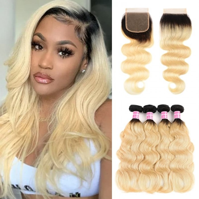 Incolorwig New Arrival #T1B613 Ombre Color Body Wave Brazilian 4 Bundles Hair With 4*4 Free Part Lace Closure