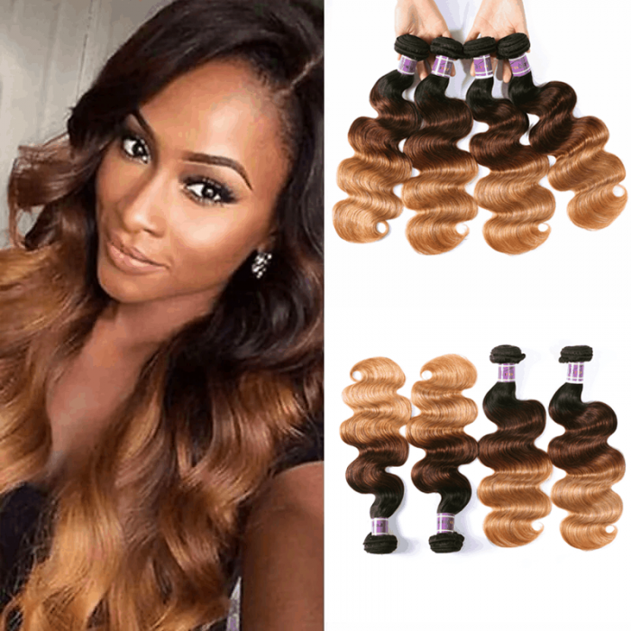 Incolorwig 100% Peruvian Human Hair 4 Bundles Deals #T1B427 Ombre Color Body Wave Human Hair Weave 