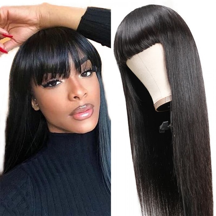 Incolorwig 150% Density Straight Hair Glueless Wigs With Bangs Machine Made Virgin Human Hair Wig