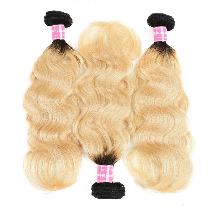 Incolorwig Peruvian Virgin Body Wave Hair Weave 3 Bundles #T1B613 Ombre Blonde Human Hair Weave