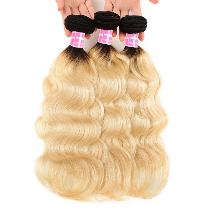 Incolorwig Peruvian Virgin Body Wave Hair Weave 3 Bundles #T1B613 Ombre Blonde Human Hair Weave