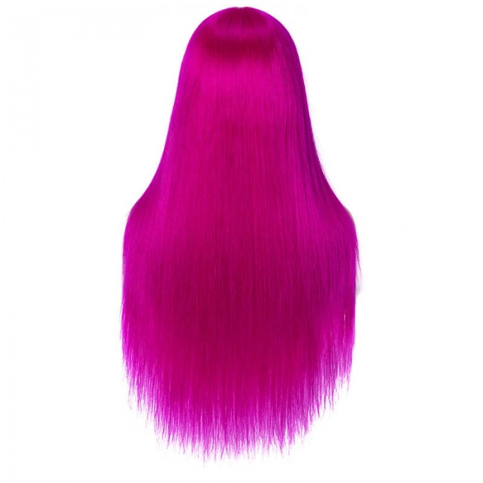 Incolorwig Rose Red Straight Human Hair Wig Hairline Lace Part 150% Density Middle-part Fake Scalp Wig 