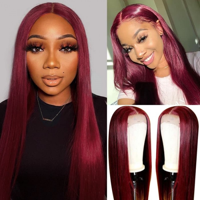 Incolorwig Burgundy Hairline Lace Part Wig Bone Straight Human Hair Wig Wine Red 150% Density Updated Hairline Lace Wig