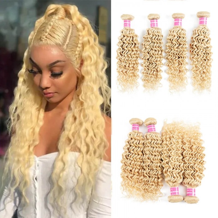 Incolorwig Peruvian Hot #613 Blonde Deep Wave Human Hair 4 Bundles Deals