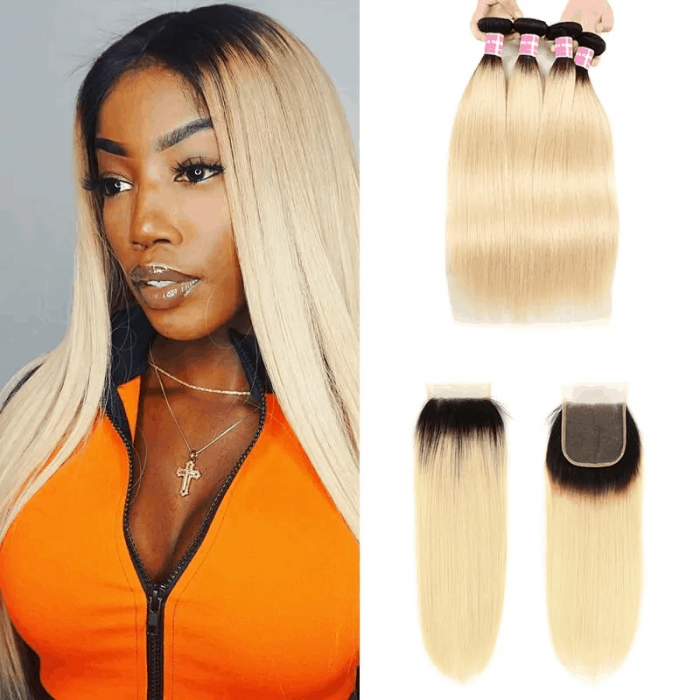 Incolorwig Malaysian 4 Bundles Hair With 4*4 Free Part Lace Closure Staight Hair #T1B613 Ombre Color