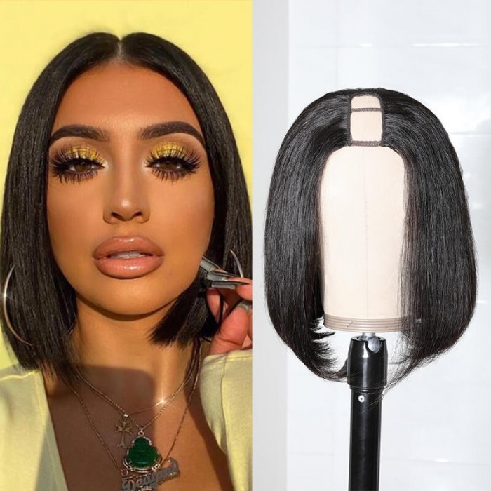 Incolorwig Natural Black Straight Hair Bob Wigs U Part Wig 2x4 Opening Size Middle Part Blunt Cut Bob