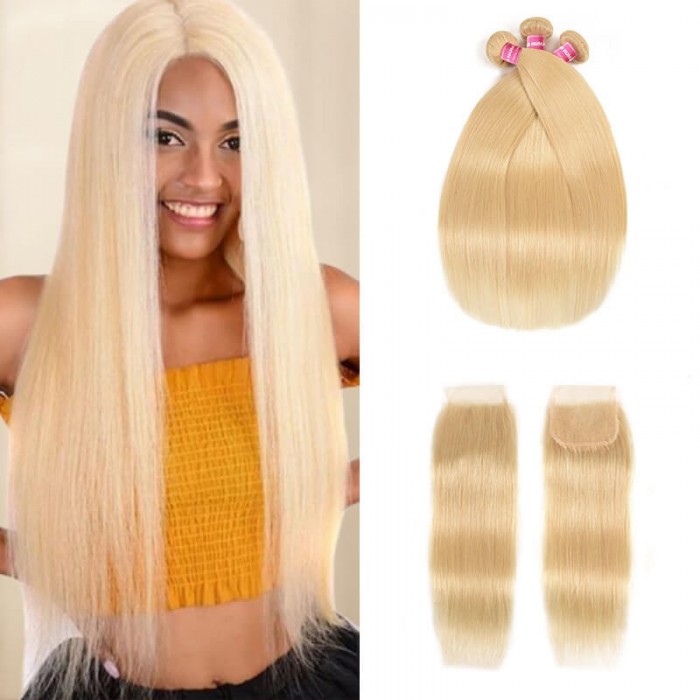 Incolorwig New Malaysian Human Hair #613 Blonde Straight Hair Combination 3 Bundles With 4*4 Lace Closure