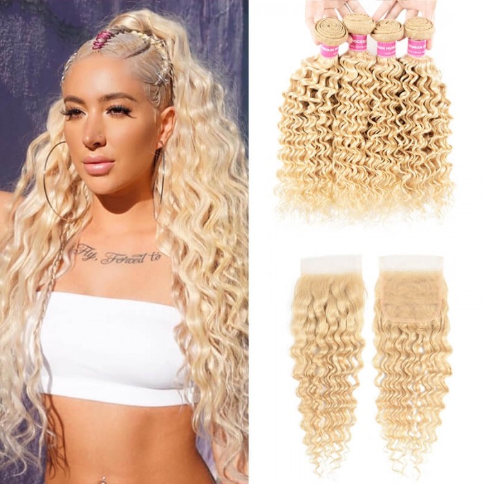 Incolorwig #613 Blonde Deep Wave Brazilian 4 Bundles Hair With 4*4 Lace Closure Free Part For Women