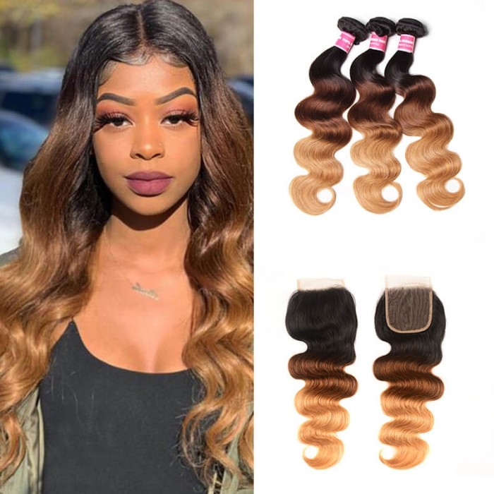 Incolorwig New Arrival #T1B427 Ombre Body Wave Ombre Color 3 Bundles With 4*4 Lace Closure Free Part