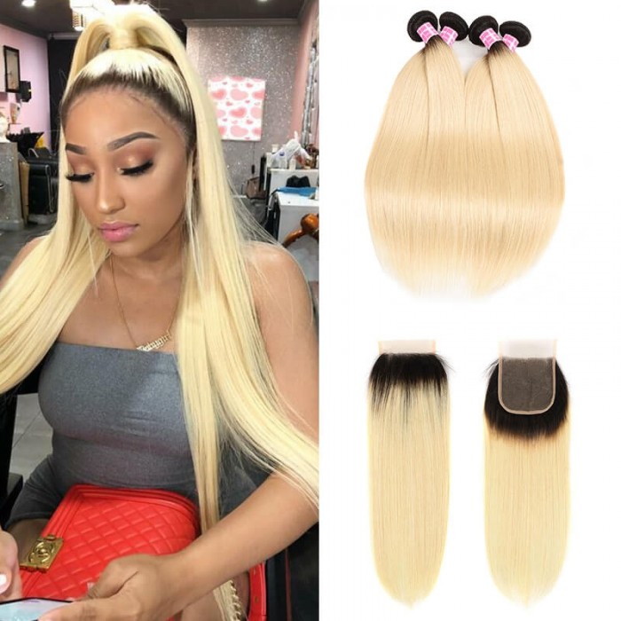 Incolorwig Staight Hair #T1B613 Ombre Color Brazilian 4 Bundles Hair With 4*4 Free Part Lace Closure