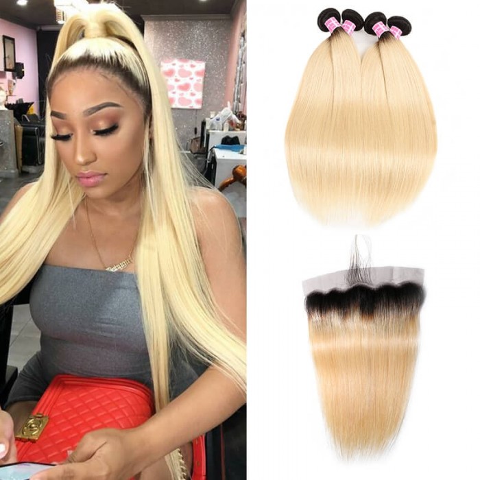 Incolorwig #T1B613 Ombre Color Staight Brazilian 4 Bundles Hair With 13*4 Free Part Lace Frontal