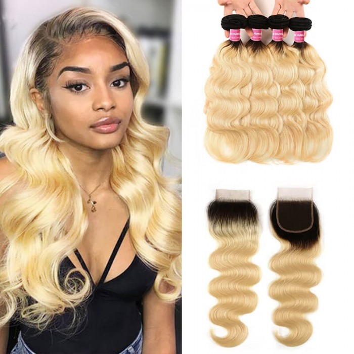 Incolorwig Indian Human Hair New Arrival #T1B613 Ombre Color Body Wave 4 Bundles Hair With 4*4 Free Part Lace Closure
