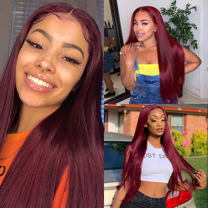 Incolorwig Straight Human Hair 13*6 Lace Frontal Wig 150% Density #99J Red Hair Wig