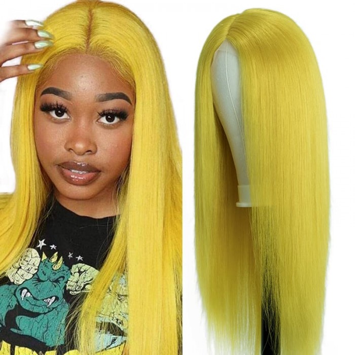 Incolorwig Pure Color Yellow Wigs 150% Density Straight Hair Wigs Hairline Middle Lace Part Wig