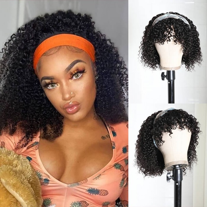 Incolorwig High Quality Jerry Curly Headband Wig With Bangs Natural Black 150% Density No Sew In