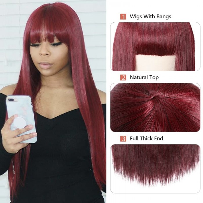 Incolorwig 99J Silk Straight Hair Wigs with Bangs Glueless capless Wigs for Women 99j Red Human Hair Wig