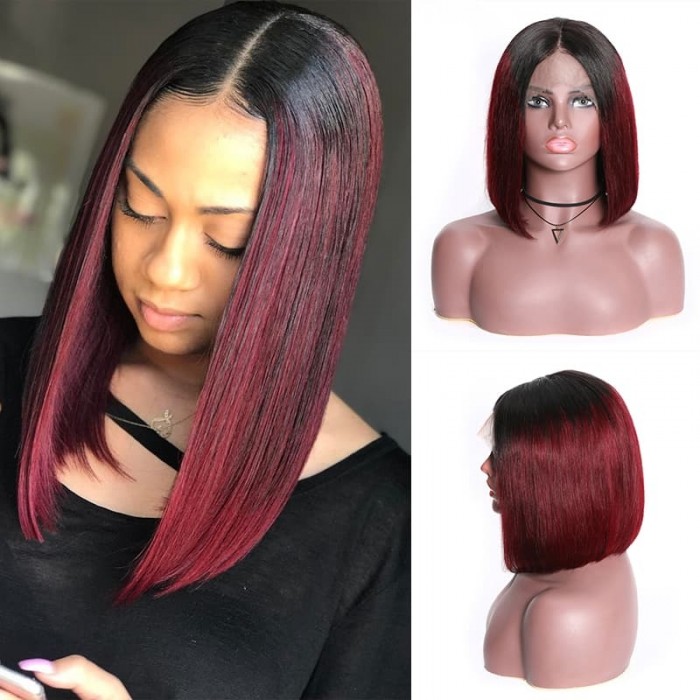 Incolorwig T1B99J Bob Straight Human Hair Wig 13x4 Red Blunt Cut Bob Wigs With Baby Hair 150% Density