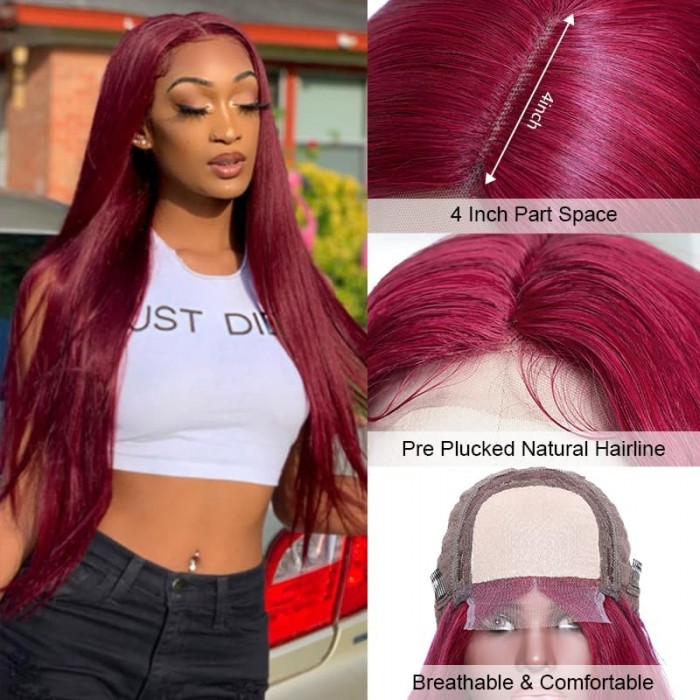 Incolorwig Burgundy Hairline Lace Part Wig Bone Straight Human Hair Wig Wine Red 150% Density Updated Hairline Lace Wig