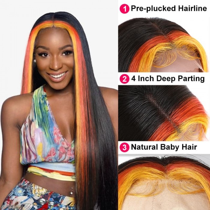 Incolorwig Highlight 13*4 Lace Frontal Wig 150% Density Natural Black Mixed Orange And Yellow Straight Wig