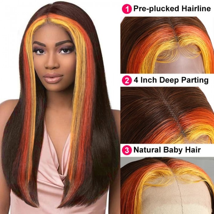 Incolorwig 150% Density Human Hair 13x4 Lace Front Highlight Wig #4 Mixed Orange And Yellow Colored Wig
