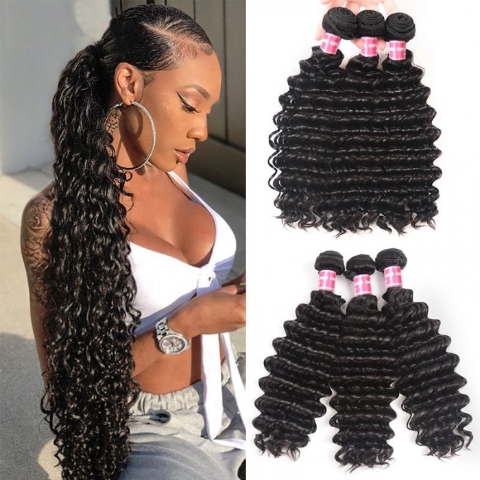 Incolorwig Brazilian Deep Wave Hair Bundles 3 Lots Deep Curly Human Hair Weaves