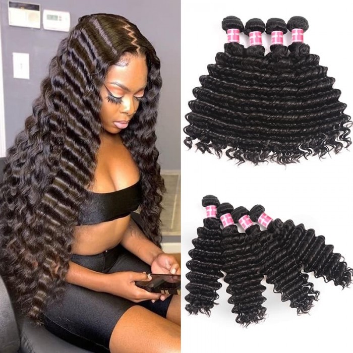 Incolorwig Deep Wave Weave 100% Virgin Human Hair Weave 4 Bundle Deals