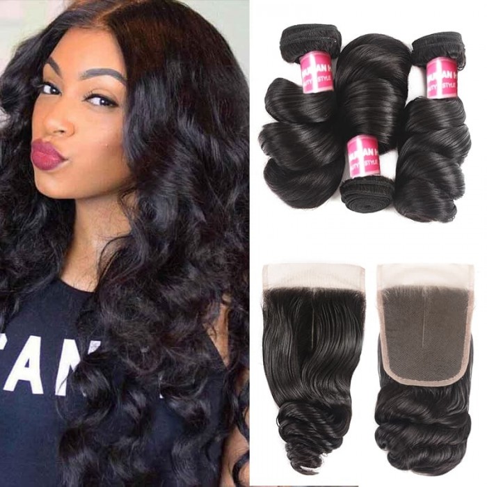 Incolorwig Loose Wave 3 Bundles With 4x4 Lace Closure Human Hair Natural Color