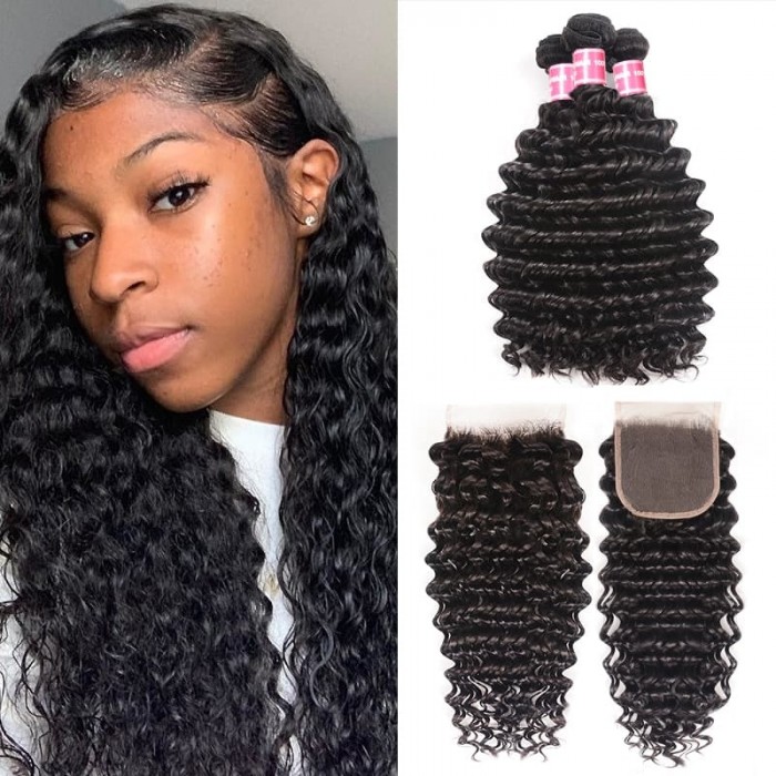 Incolorwig Deep Wave Virgin Hair Weave 3 Bundles With Lace Closure Natural Color Best Human Hair